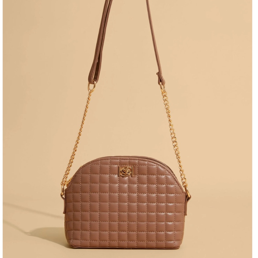 BEBE Blakely Quilted Faux Leather Crossbody Bag Gold-tone Hardware Taupe